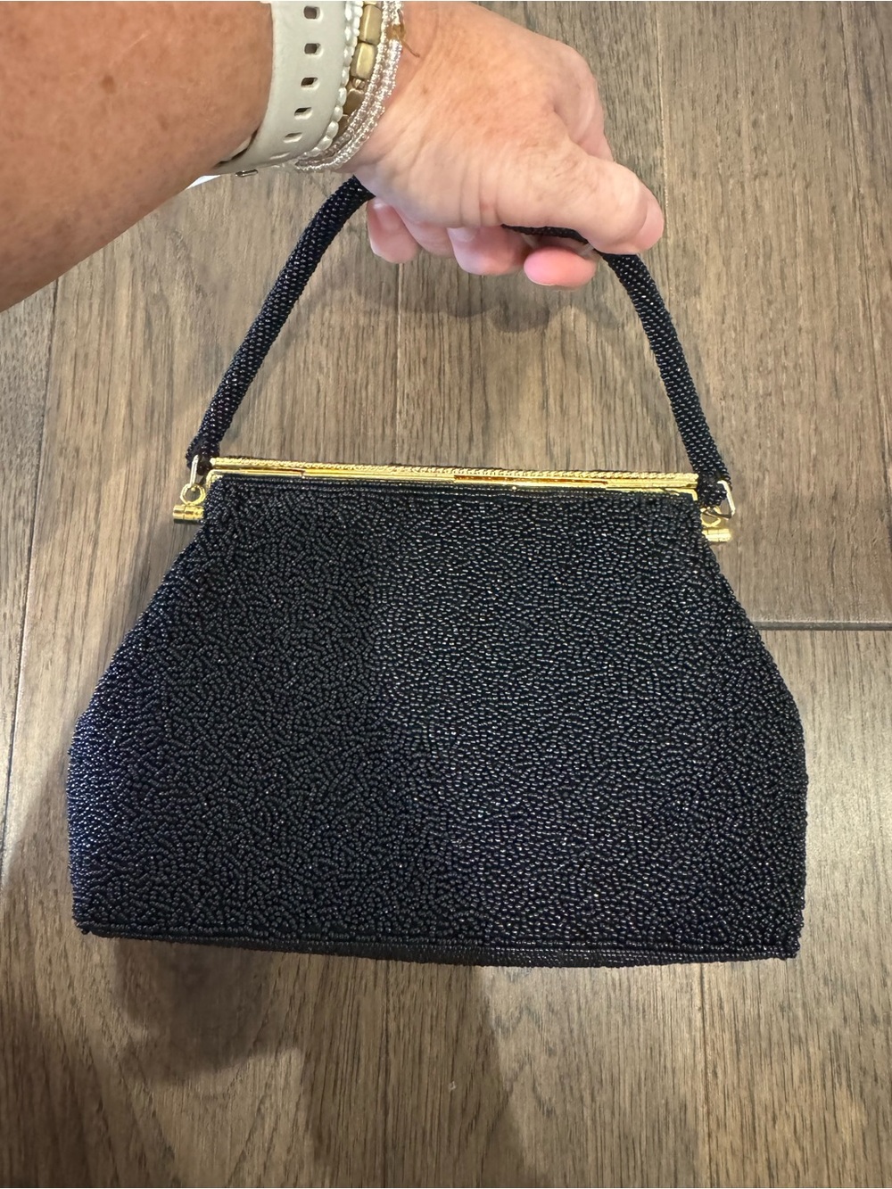 Vintage Black Beaded Floral Evening Handbag with Gold - Picture 4 of 8